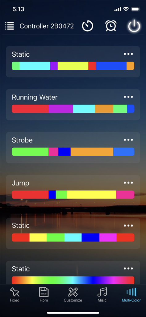 Smartphone interface of the ZENGGE app displaying various multi-color lighting presets and modes for smart LED strips