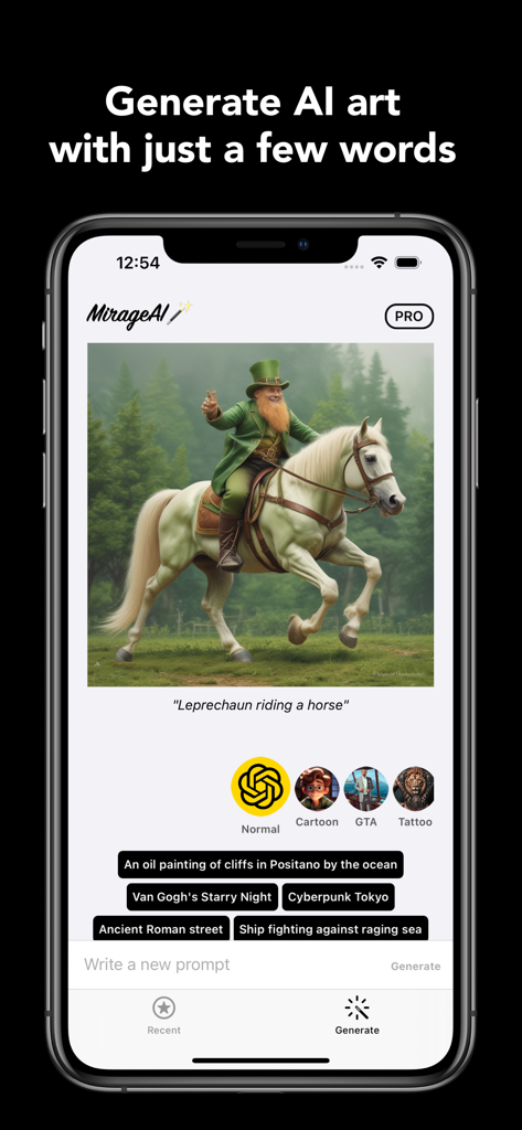 テキストプロンプトから馬に乗るレプラコーンの生成画像を表示するMirage AIアプリインターフェイス