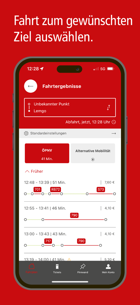 Écran de l'application Lippemobil montrant les options de trajet en transport en commun et les prix pour la région de la Lippe