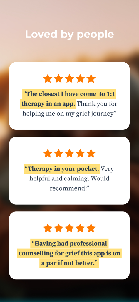 Three 5-star user reviews for the Grief Works app describing it as therapy in your pocket and comparable to professional counseling.