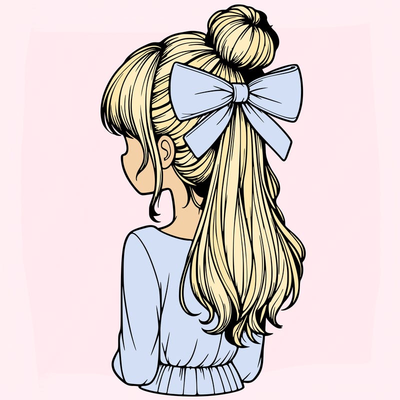 realistic girl  with hip length hair a bun and a big bow on the back of head