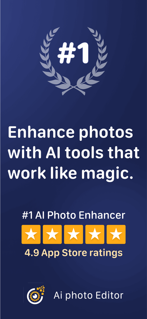 AI 사진 편집기 앱 홍보 이미지. 1위 랭킹과 별점 4.9점을 보여주며 AI 도구로 사진 향상을 유도합니다.