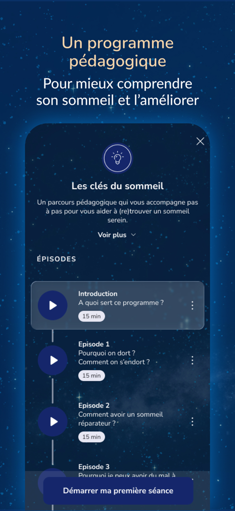 Sommeil avec Petit BamBou - Interfaz de la aplicación mostrando una serie de episodios de educación sobre el sueño en la aplicación Dormir con Petit BamBou.