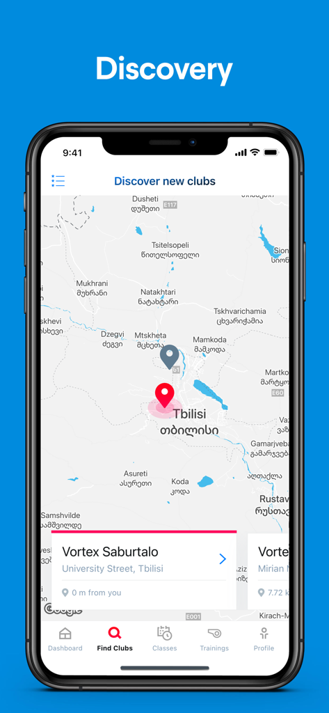 Vortex Fitness - Tela do aplicativo móvel mostrando uma visualização de mapa com um pino para a localização da academia Vortex Saburtalo em Tbilisi