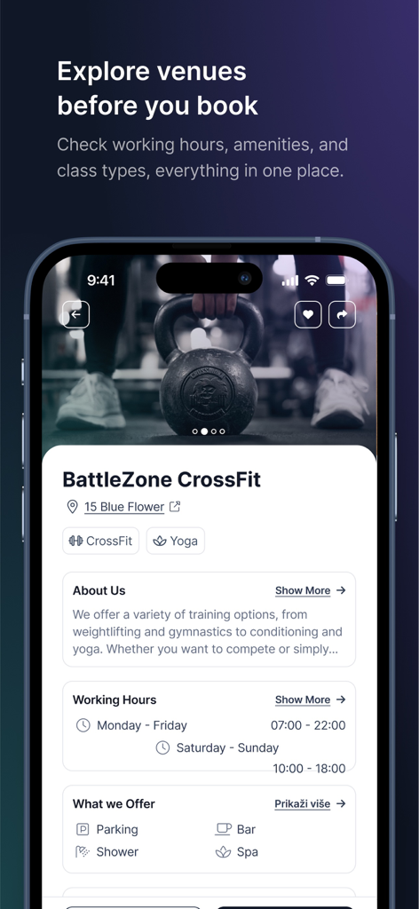Sportin app screen showing detailed sports venue information including working hours and amenities