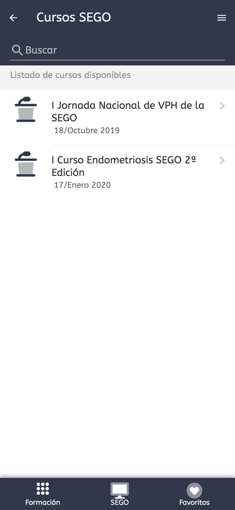 Mi SEGO - Lista de cursos médicos disponibles en la aplicación móvil Mi SEGO para profesionales de ginecología y obstetricia