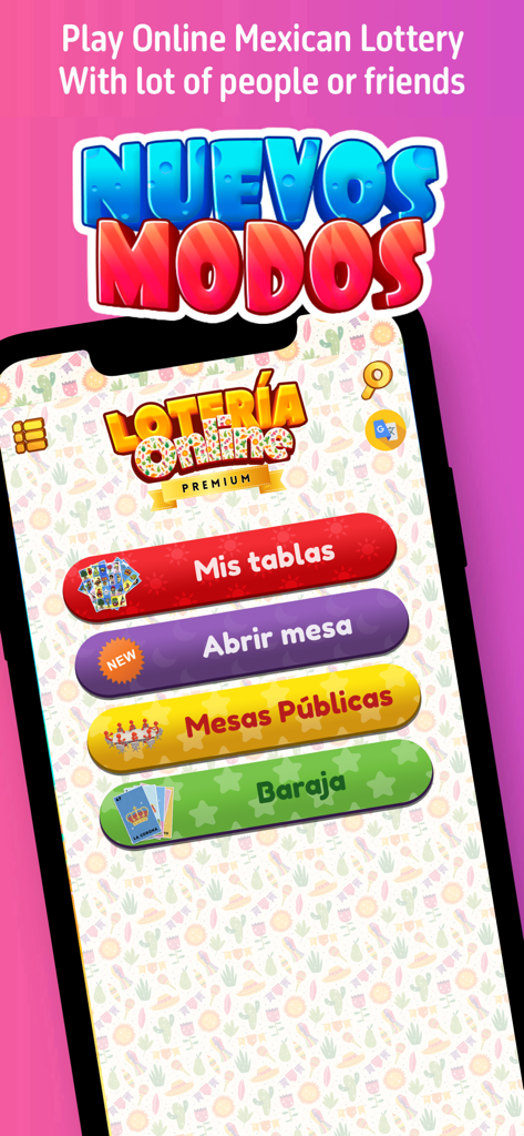 Online Mexican Lottery - A smartphone screen displaying the main menu of the Online Mexican Lottery game with options for private and public tables