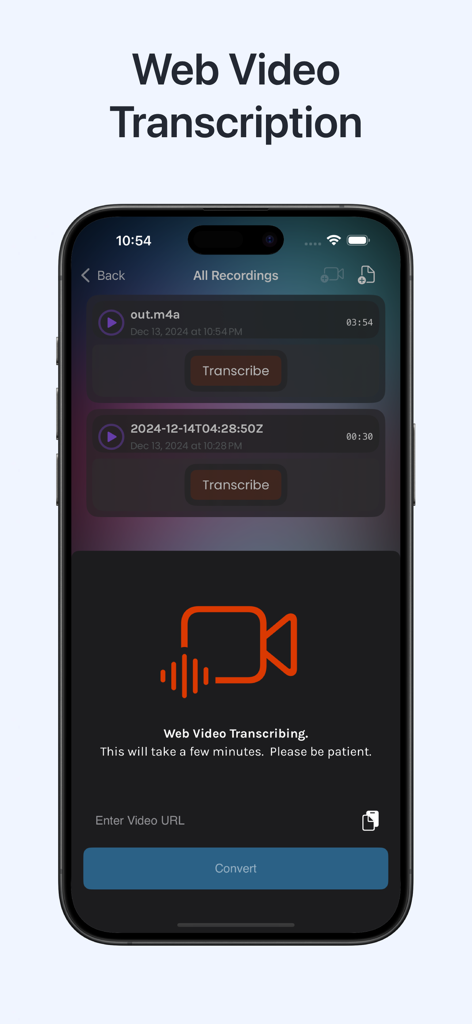 Jotter: Transcribe Voice Video - Jotter app interface for web video transcription showing a URL input field and a list of recordings