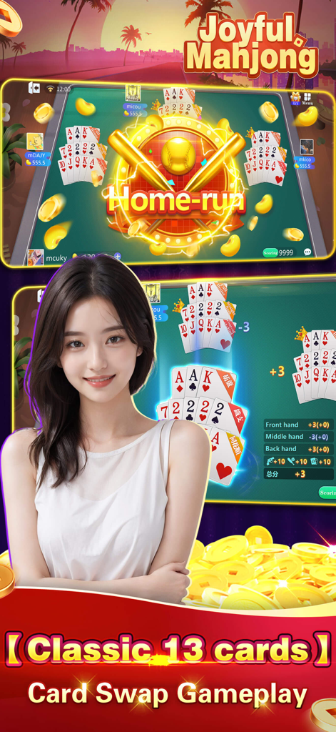 Joyful Mahjong - Lami、Casino - Application mobile Joyful Mahjong montrant le gameplay classique du poker à treize cartes et des récompenses dorées.
