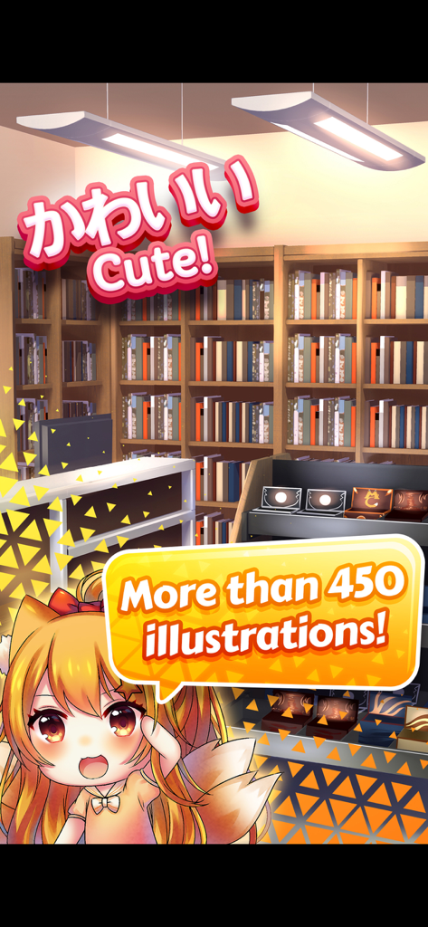 kawaiiNihongo - Learn Japanese - Anime mascot in a library with text mentioning over 450 illustrations