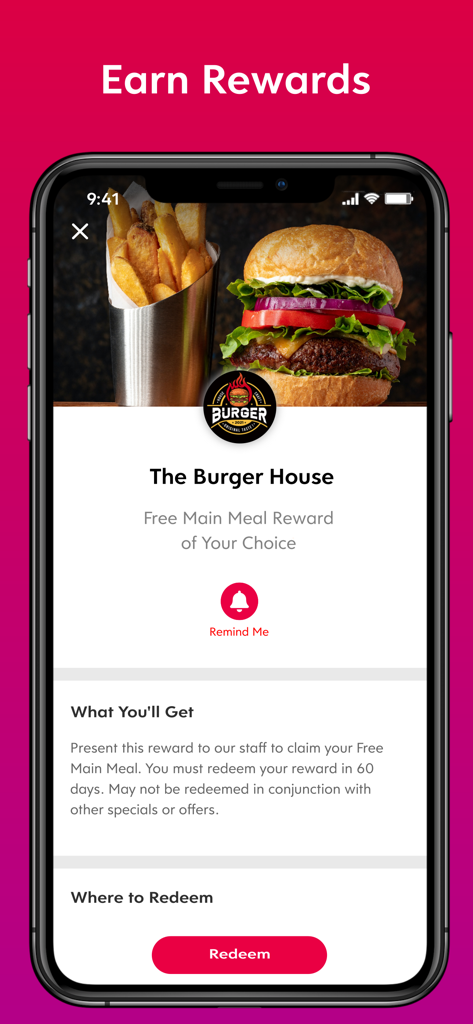Ein digitaler Prämienschirm in der Flex Rewards App, der ein kostenloses Hauptgericht-Angebot von The Burger House zeigt