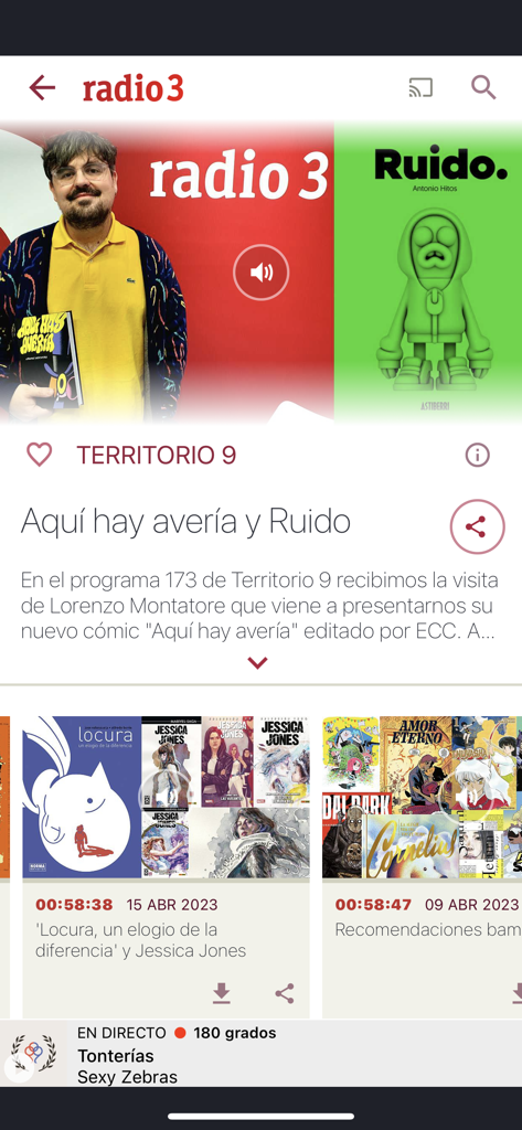 Radio 3 - Interfaz de usuario de la app móvil Radio 3 con el programa cultural Territorio 9.