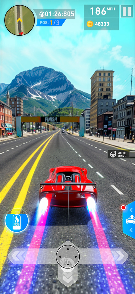 A red sports car using NOS boost while racing on a city highway toward a finish line