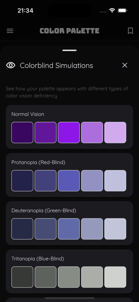 Colors by Lumina - Mobile interface displaying colorblind simulations for a professional color palette to ensure design accessibility