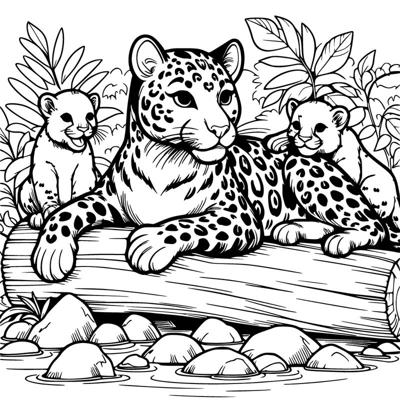 a realistic beautiful leopard sunbathing on a log in the jungle with two baby leopards playing around her
