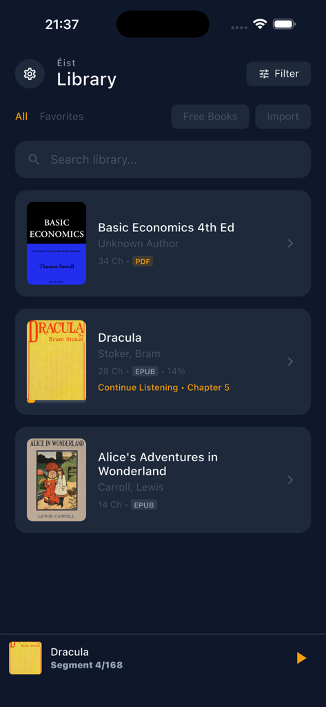 Eist - Audiobook Reader - Eistオーディオブックリーダーアプリのライブラリビュー。インポートされたEPUBおよびPDF書籍と読書進捗状況が表示されている。