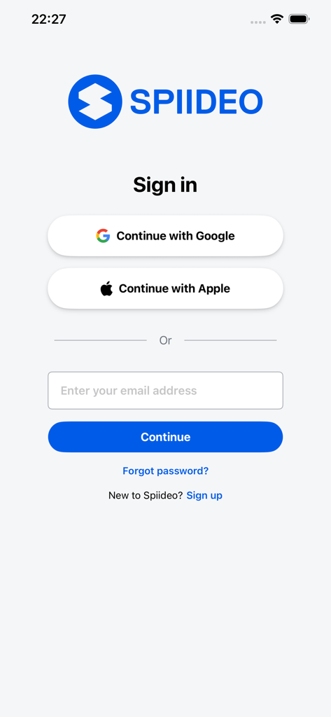 Spiideo mobile app sign in screen with Google, Apple, and email login options