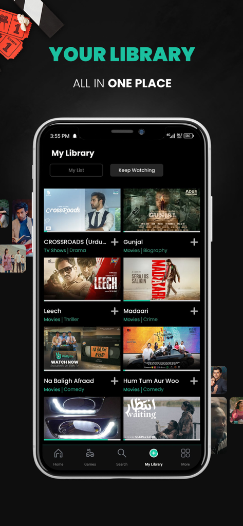 Smartphone display of the Vidly app My Library section showing Pakistani movies and dramas