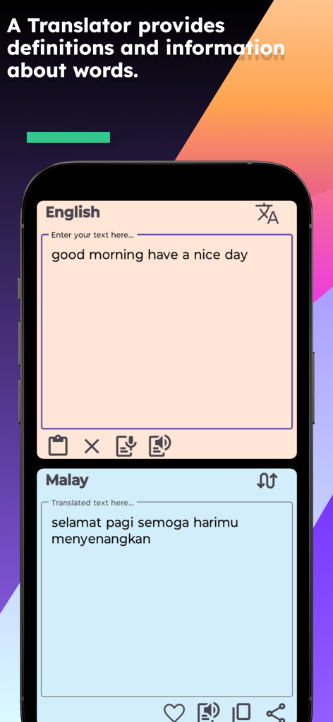 Interfaccia dell'app Traduttore dall'inglese al malese che mostra la traduzione della frase 'buongiorno, buona giornata'.