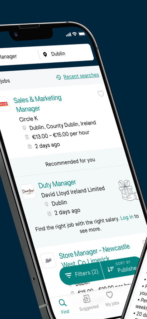Mobile app interface of Jobs.ie showing job listings for manager positions in Dublin and Ireland