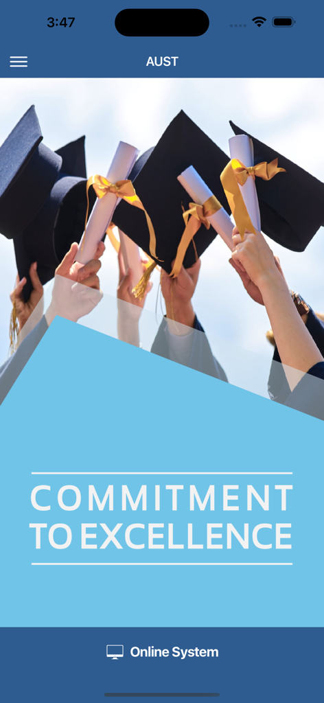AUST - Startbildschirm der AUST-Universitäts-App mit Abschlusskappen und dem Text Commitment to Excellence.