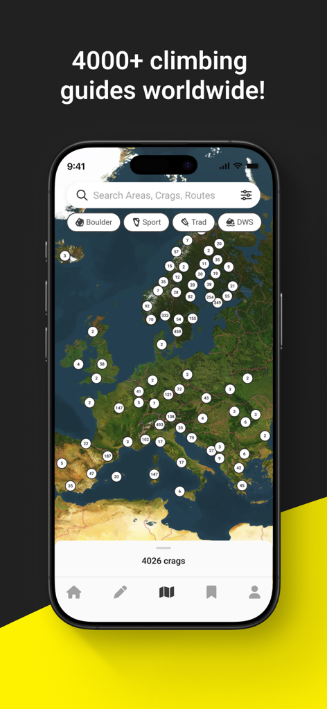 Rock Climbing Guide | 27 Crags - Map view displaying thousands of climbing guides and crag locations worldwide on the 27 Crags app.