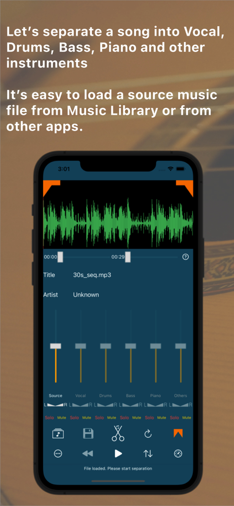 Let's Unmix - Interface of Let's Unmix app showing a music waveform and sliders for separating vocals, drums, and bass stems.