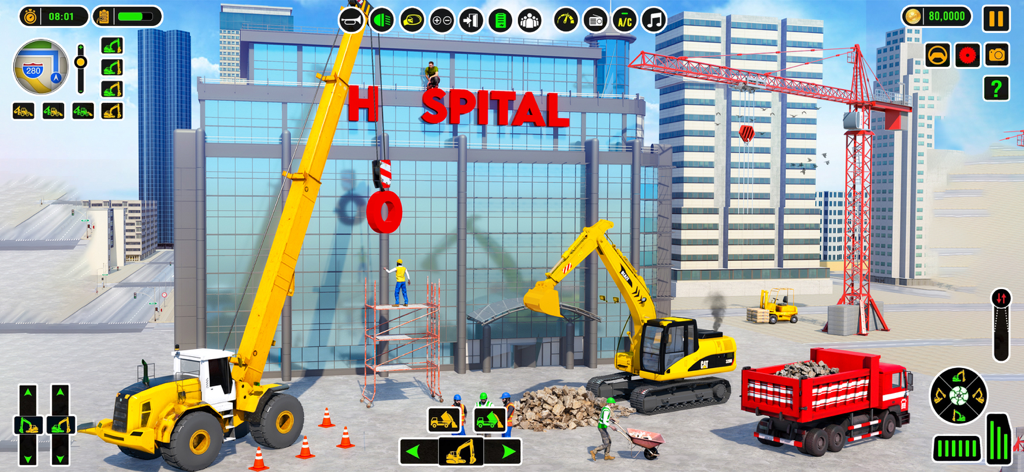 A 3D construction simulation game featuring a crane lifting hospital signage and an excavator digging rubble next to a dump truck.