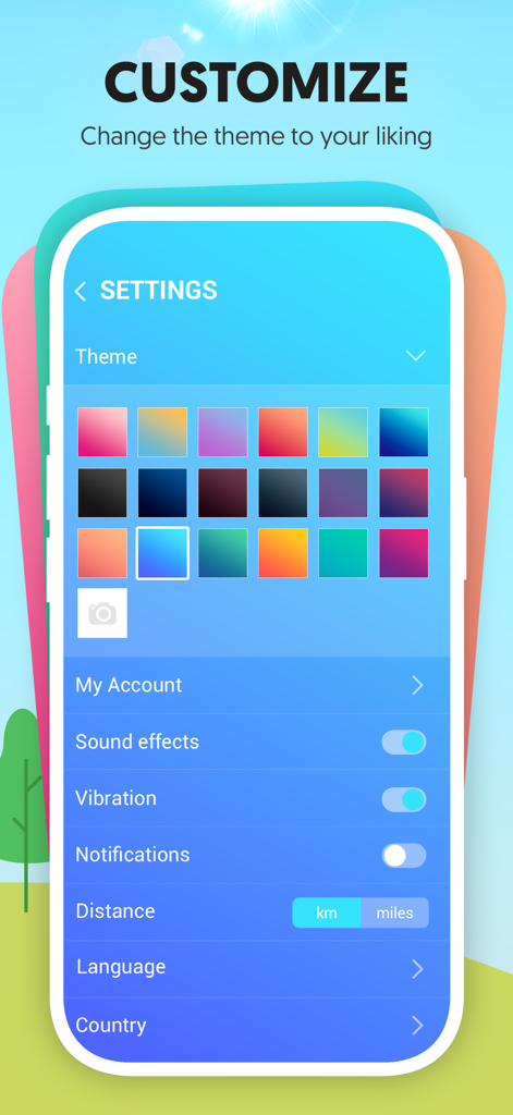 Winwalk - Get Paid To Walk - Winwalkアプリの設定画面。カラフルなテーマオプションと表示設定が表示されています。