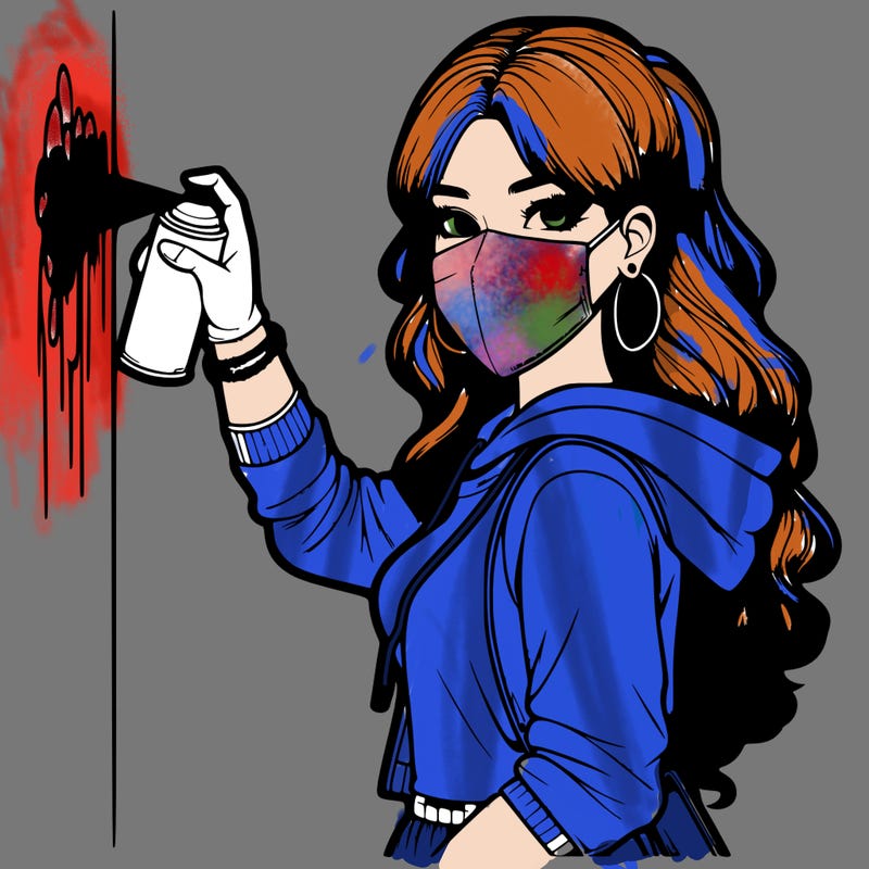 realistic girl with mask spray painting a wall