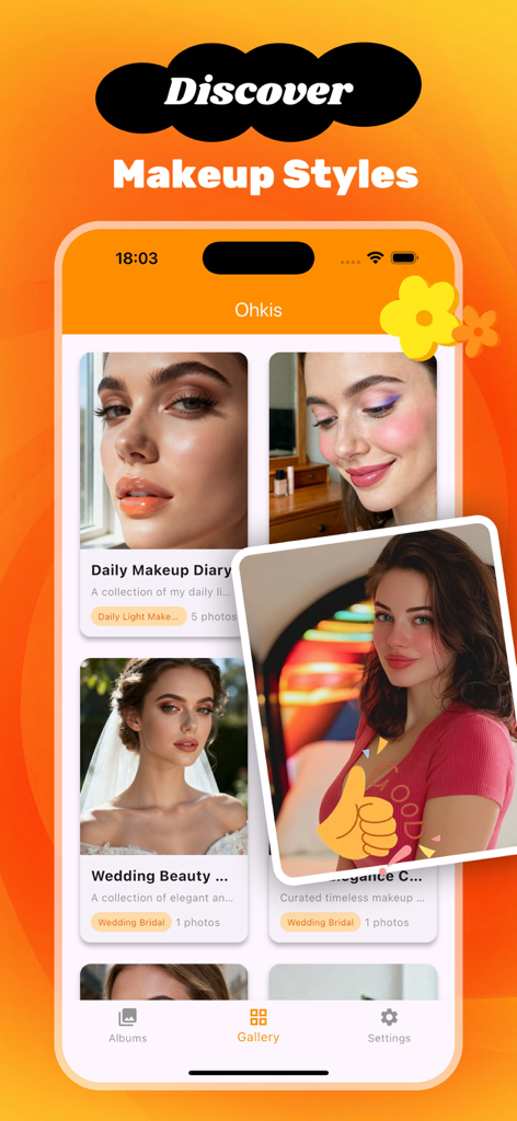 ohkis - Smartphone screen of the ohkis app gallery interface displaying categorized makeup style albums such as Daily Makeup Diary and Wedding Beauty
