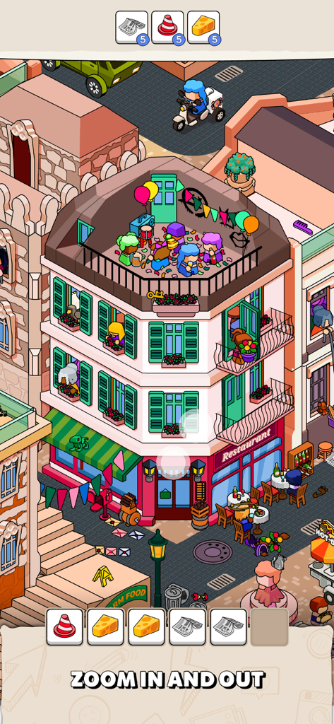 A colorful city building scene in the Where Is hidden object game showing items to find and a zoom instruction.