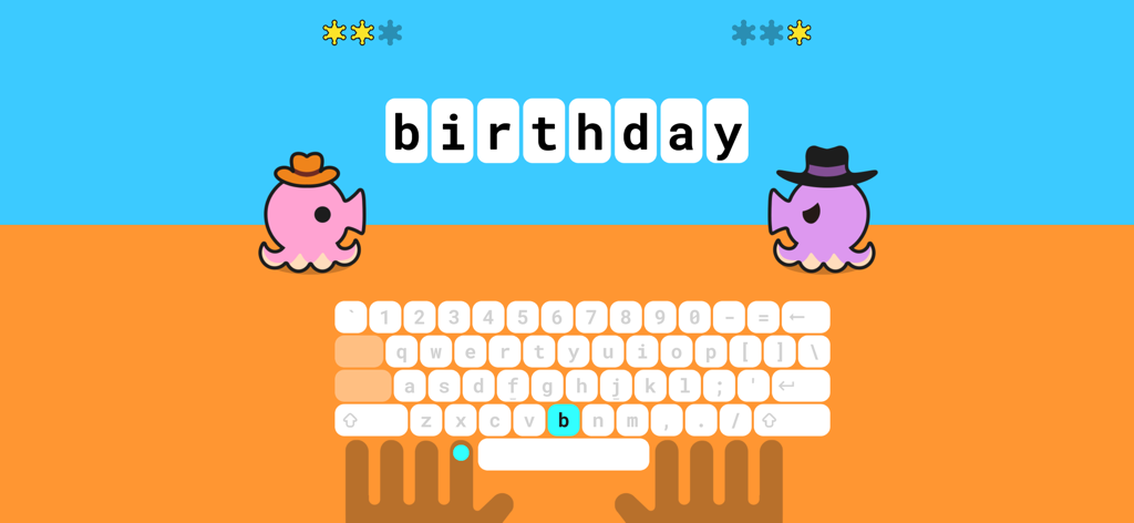 Typing Land gameplay screen showing the word birthday with an onscreen keyboard and character guides for children