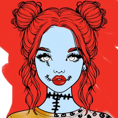 realistic girl with two buns in hair and lips