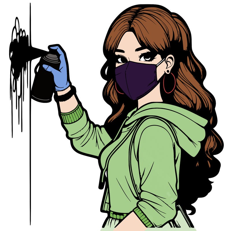 realistic girl with mask spray painting a wall