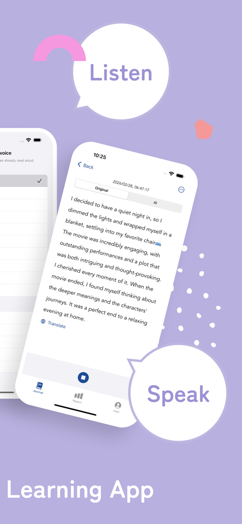 Lingualog - AI English Diary - Lingualog app interface showing English diary entry with AI listen and speak options.