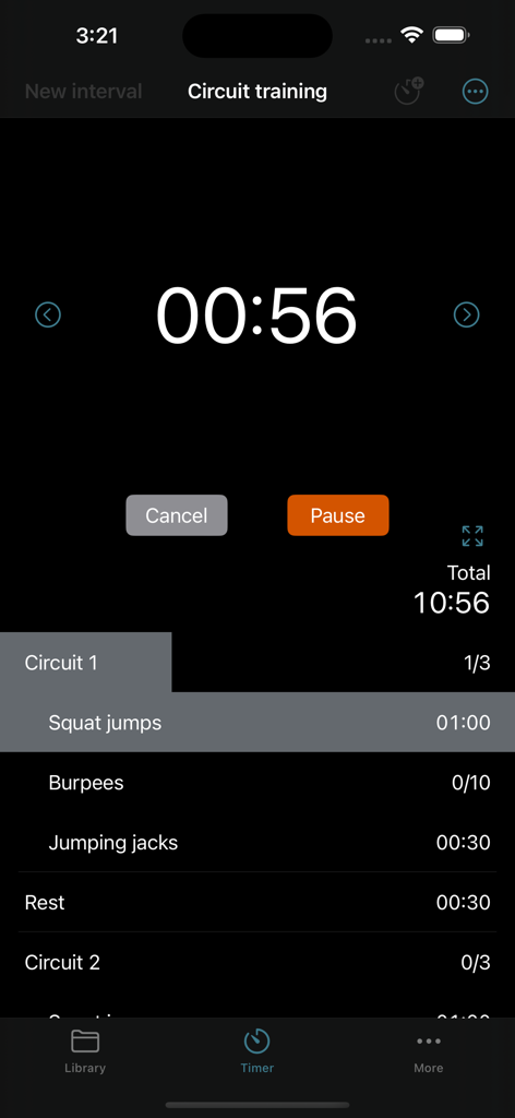 Next Up Pro - Interval Timer - Next Up Pro interval timer interface showing a circuit training workout session in dark mode