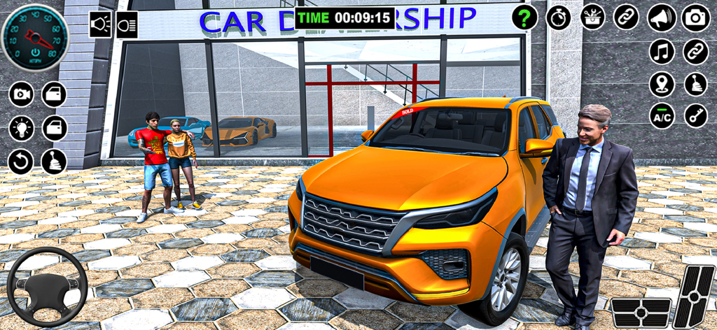 Car Dealer Job Simulator Games - Car dealer standing next to a sold orange SUV outside a car showroom