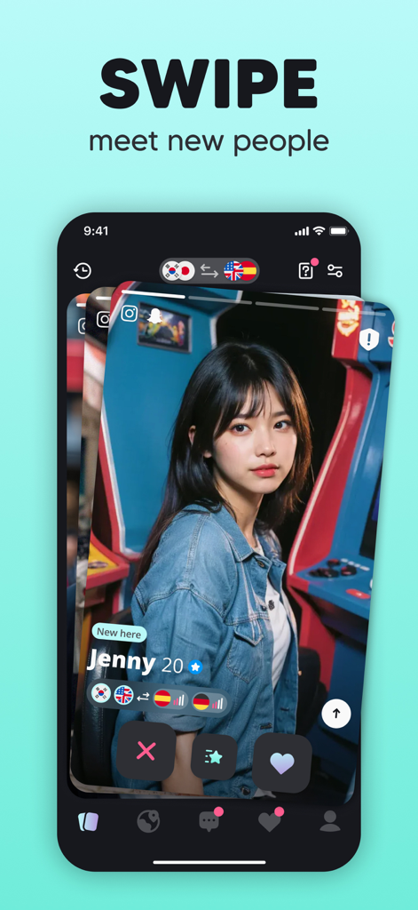 Moji – Korea & Japan Friends - Schermata dell'app Moji che mostra un profilo verificato con bandiere linguistiche e pulsanti per scorrere e incontrare nuovi amici