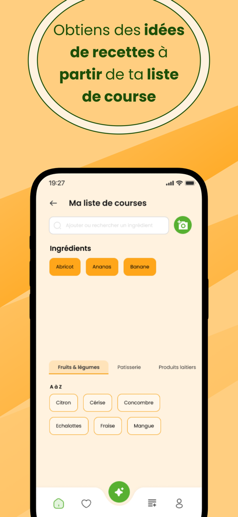 EatEasy App-Einkaufslisten-Oberfläche mit kategorisierten Lebensmitteln wie Obst und Gemüse