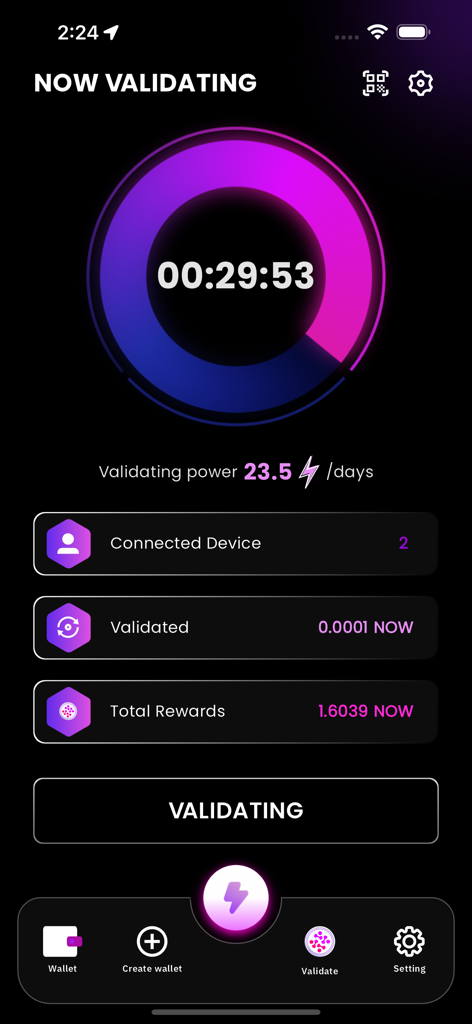 mobiNODE - Captura de tela do aplicativo mobiNODE mostrando o status de validação de blockchain em tempo real e recompensas ganhas