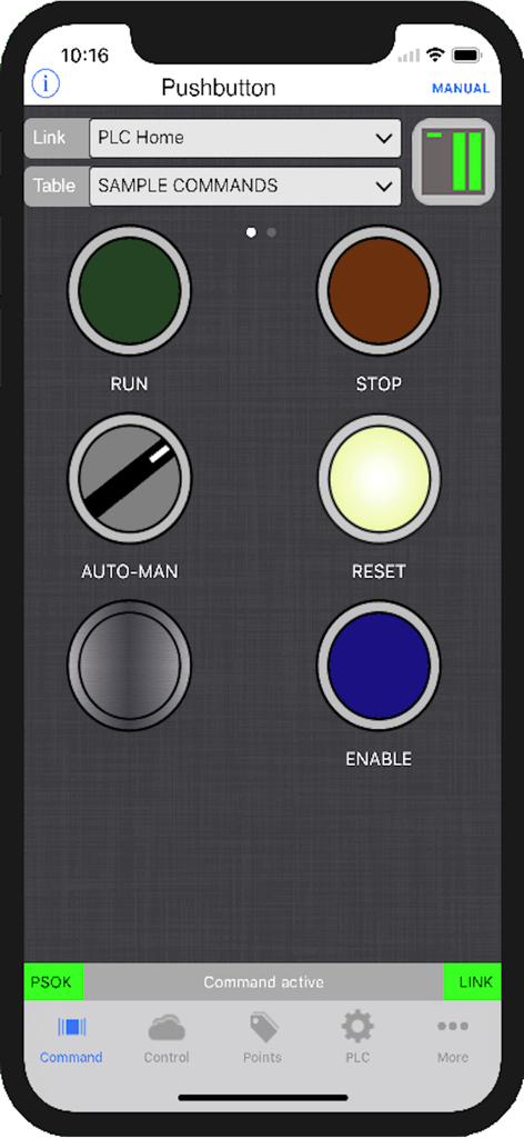 iS7 - iS7 App virtuelles Taster-Interface für die ferngesteuerte Siemens SPS-Bedienung, das RUN-, STOP- und RESET-Befehle anzeigt.