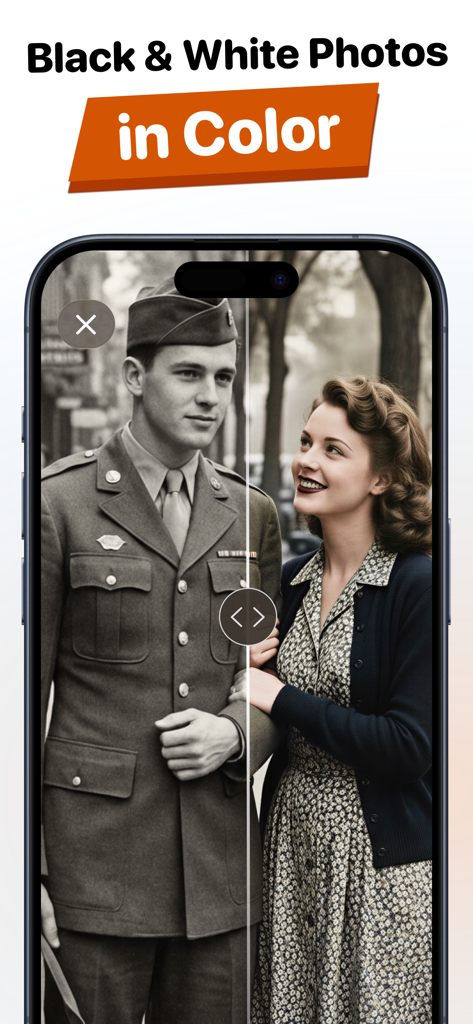 Fix Old Photos - Remend AI - Split screen view showing a vintage black and white photo of a couple being colorized by the app