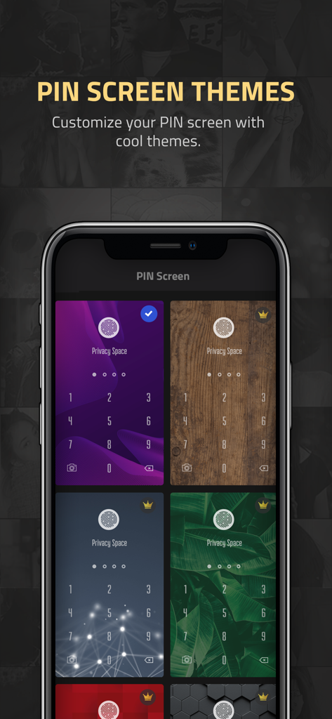 シークレット写真・動画Vaultキット用の木、葉、抽象的なデザインを含む、さまざまなカスタマイズ可能なPINロック画面テーマを表示するモバイルアプリ画面