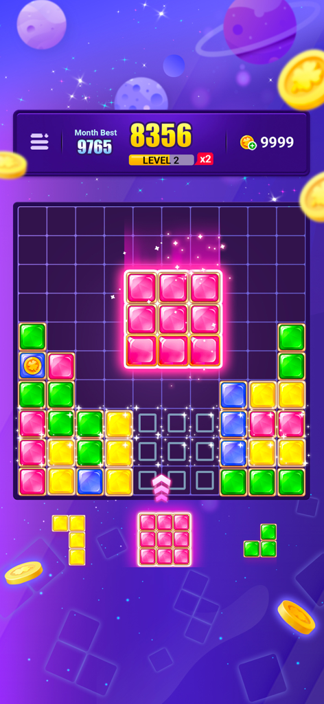 Block Puzzle Jewel :Gem Legend - Um jogo de grade 10x10 com blocos de joias brilhantes e um fundo de galáxia