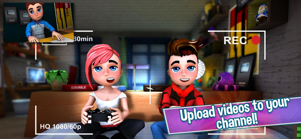 Youtubers Life: Gaming Channel - Two avatar characters recording a video for their gaming channel in Youtubers Life.
