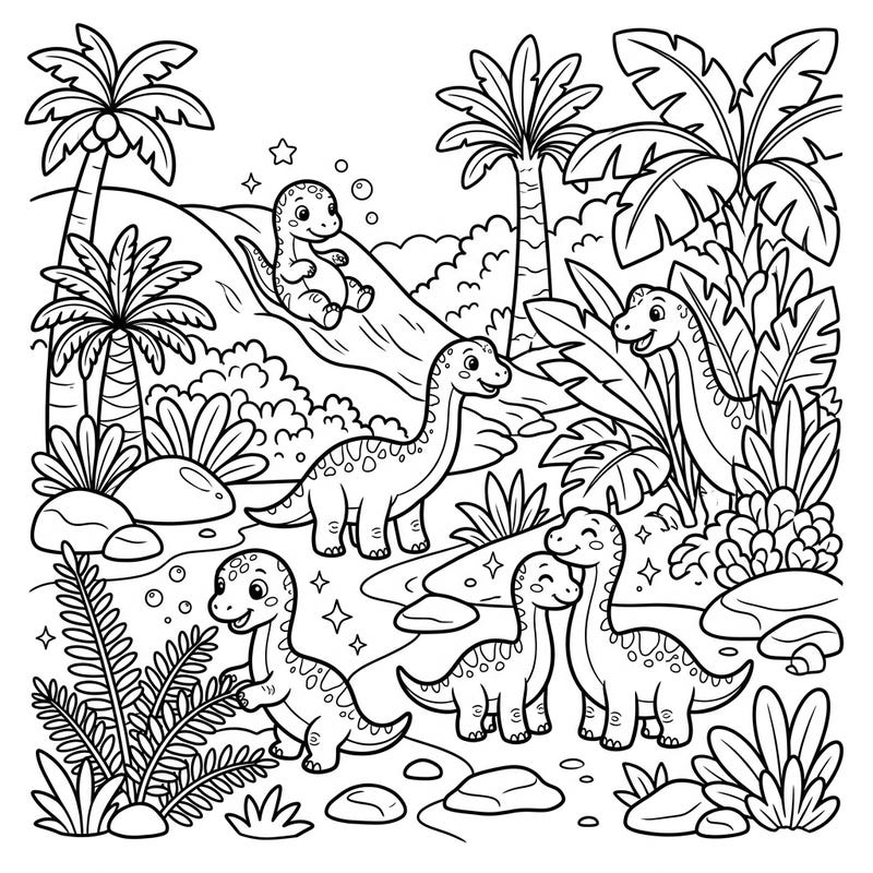 Unleash your creativity with this delightful baby Brachiosaurus coloring page, depicting a joyful scene of young dinosaurs playing in a lush prehistoric world. Perfect for young paleontologists and dinosaur lovers, it promises hours of imaginative fun.