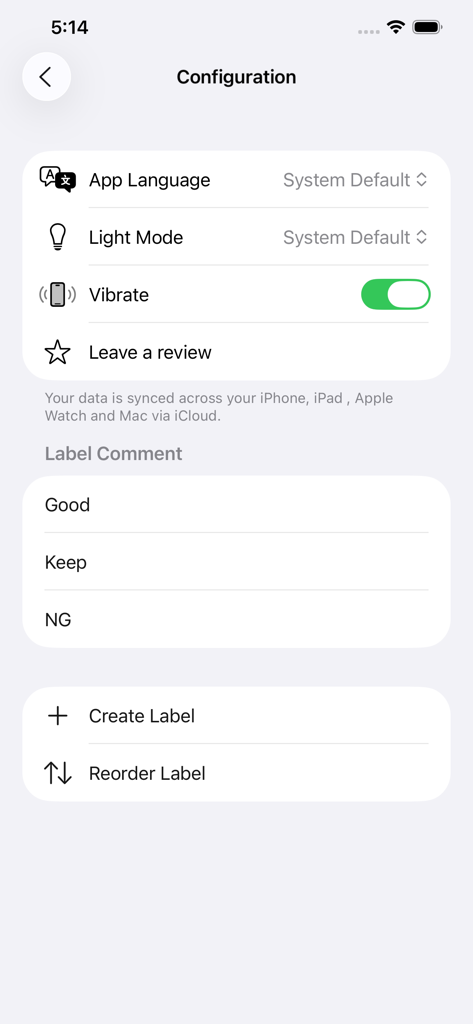 Timecode Marker - Timecode Marker app configuration screen showing customizable labels and iCloud sync settings