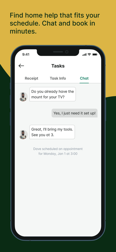 Conversation intégrée à l'application Taskrabbit montrant un utilisateur et un prestataire coordonnant un rendez-vous pour l'installation d'un téléviseur