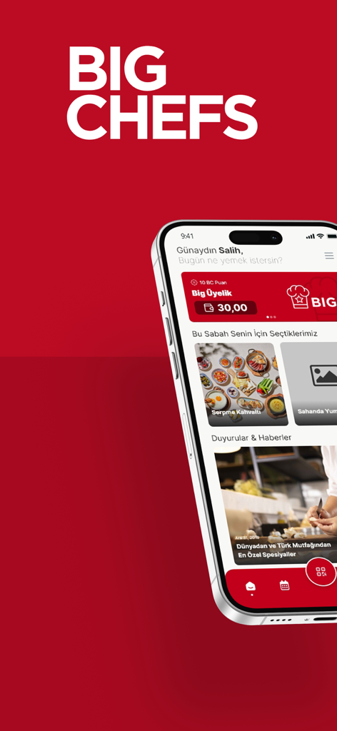 BigChefs App - La interfaz de la aplicación móvil BigChefs en un iPhone mostrando puntos de lealtad y selecciones del menú de desayuno